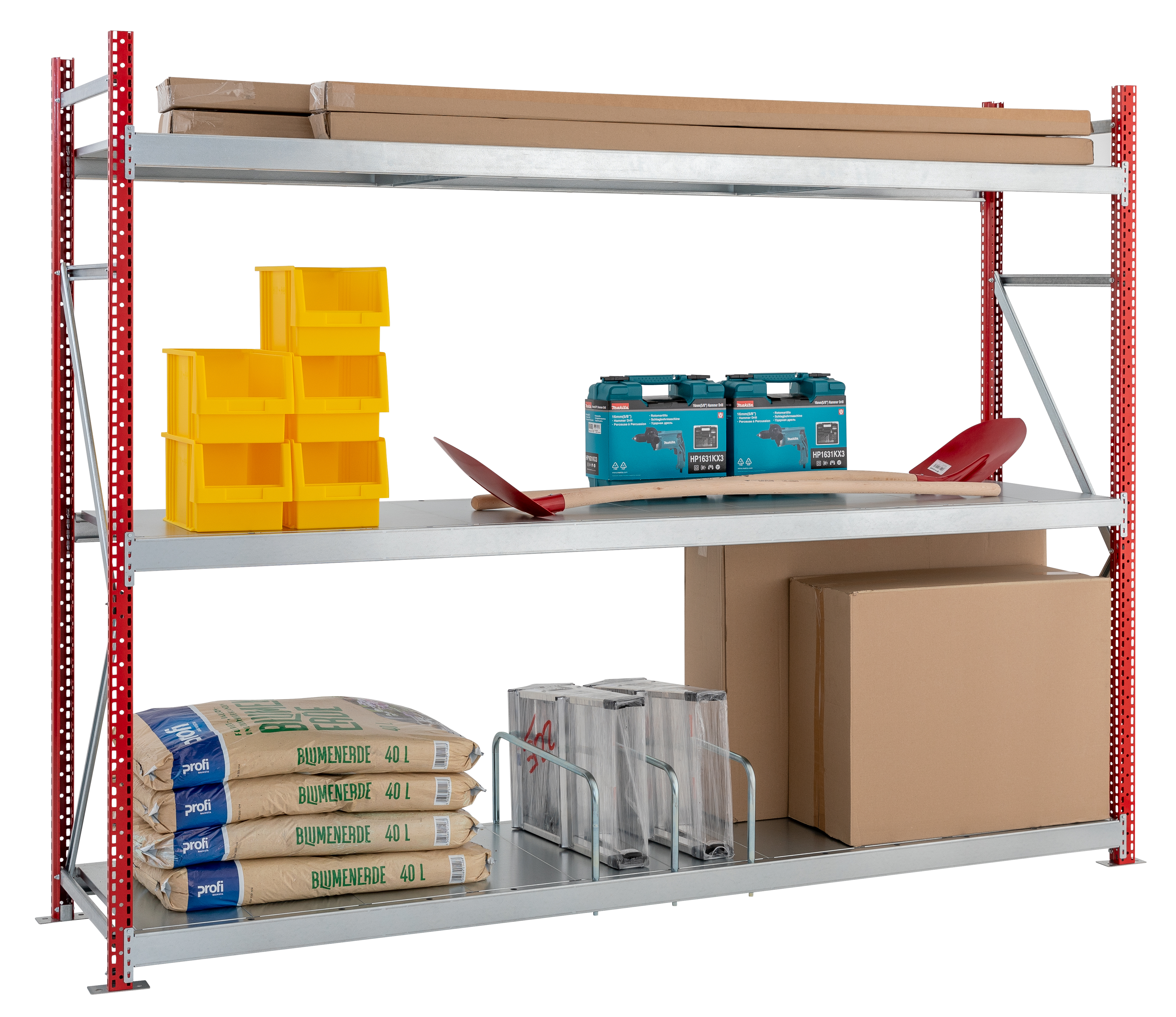 WS3000 ML50 - Weitspannregal mit Spanplatten-Böden, Rahmen rot