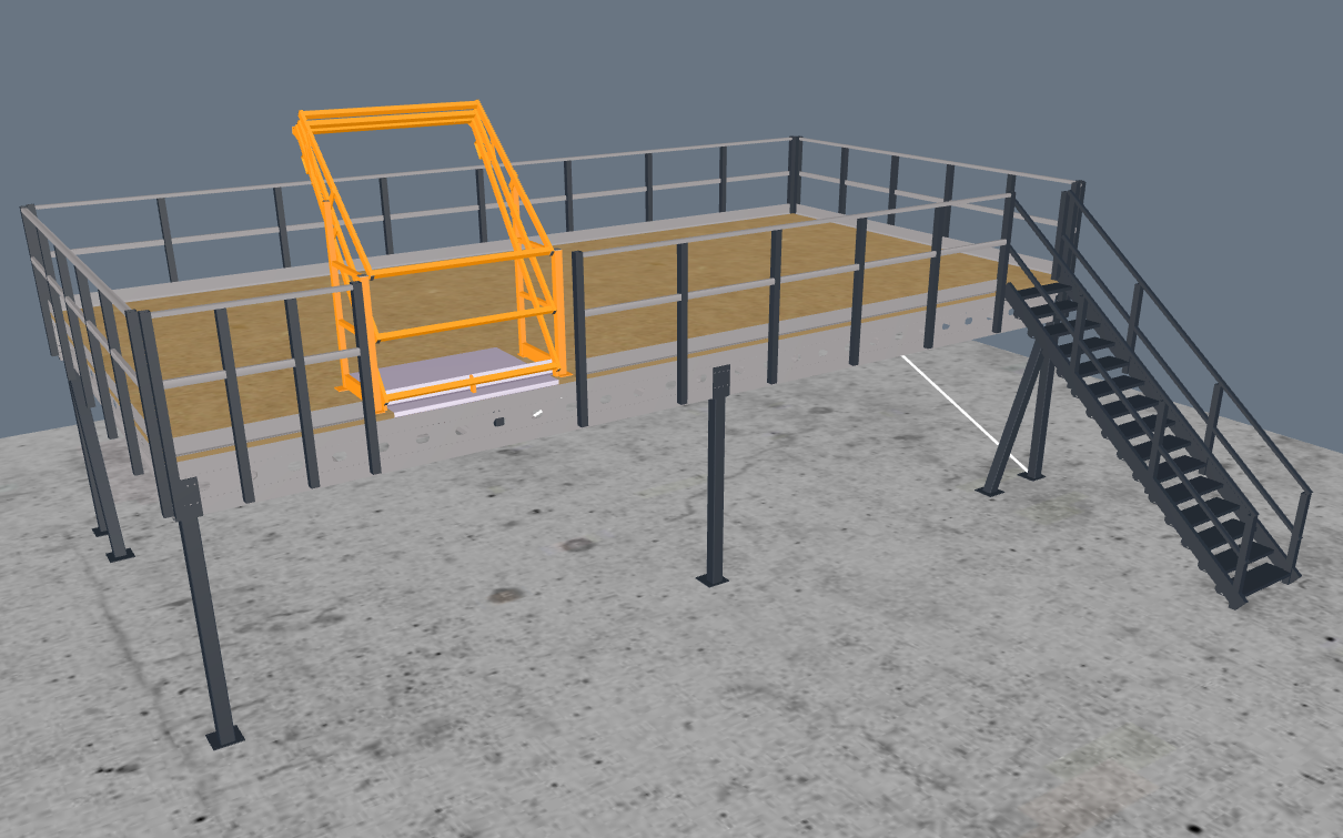 Lagerbühne 10x5m, mit Palettenübergabe, Treppe und Geländer
