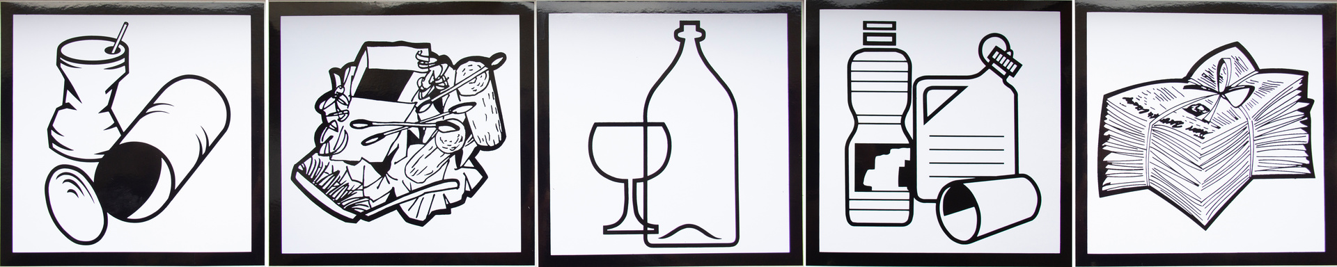 Aufklebersatz, selbstklebend, bestehend aus 5 Aufklebern, mit den Symbolen: Glas, Papier, Kunststoff