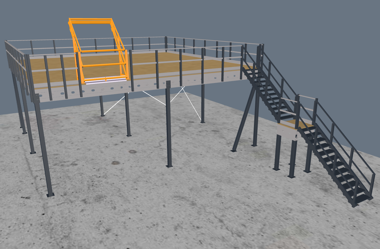 Lagerbühne 10x10m, mit Palettenübergabe, Treppe und Geländer