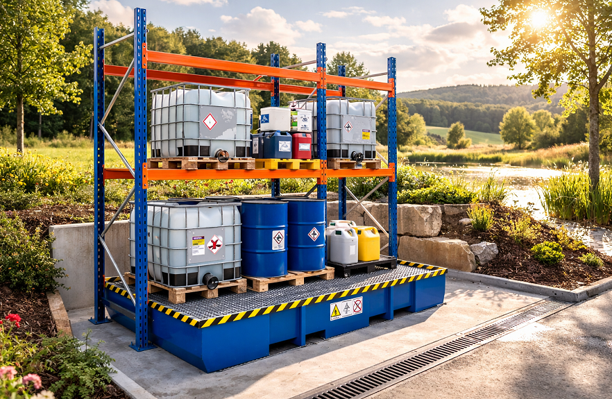 Regal zur lagerung wassergefährdender stoffe, welches die umwelt schüzt