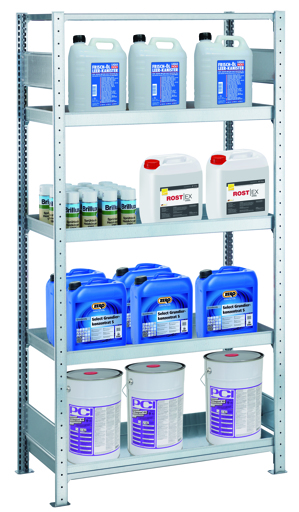 Umwelt-Wannenbodenregal gemäß StawaR, mit 4 Wannen 1 Boden