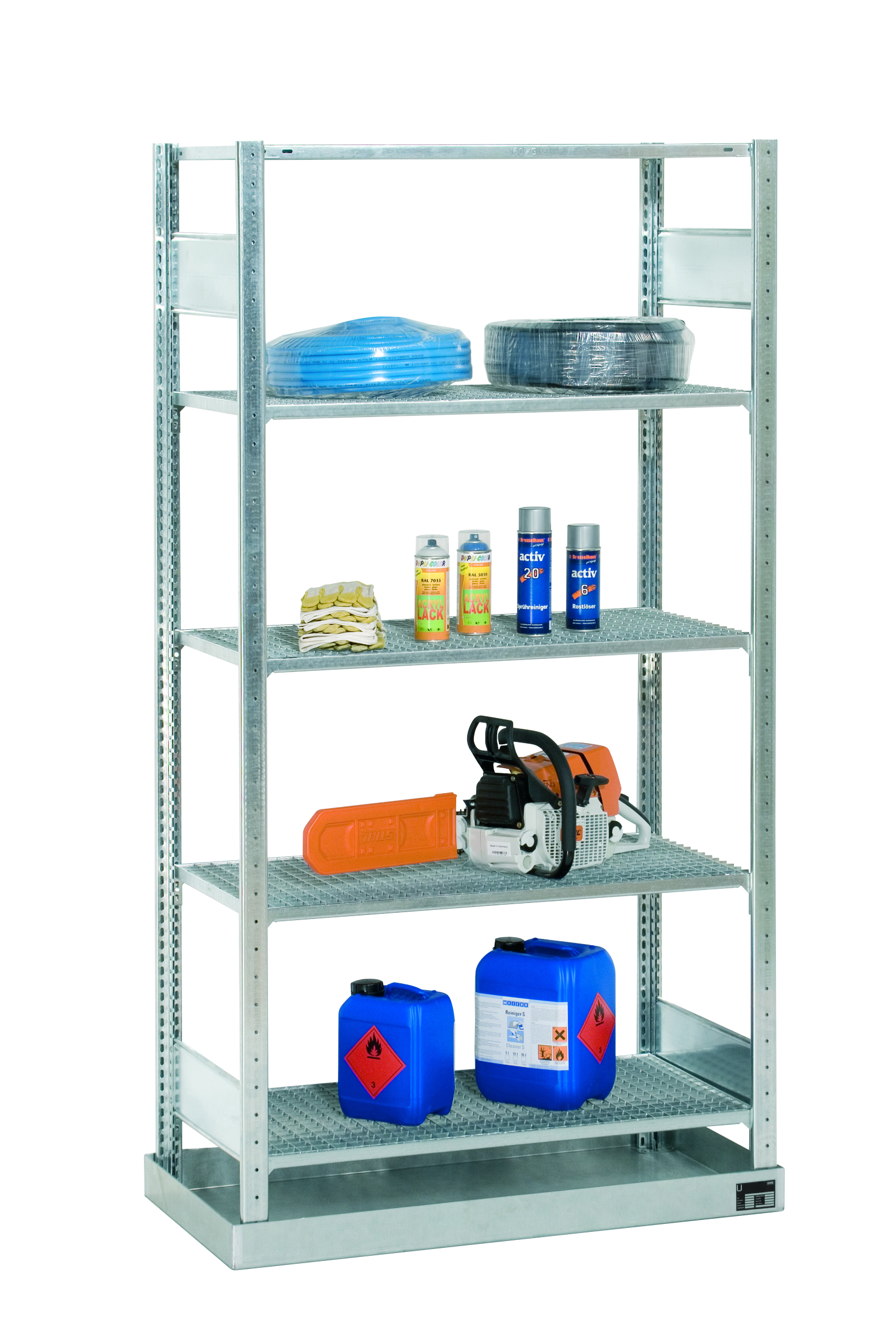 Kleingebinderegal mit Gitterrostböden & Auffangwanne, verzinkt