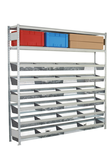 WS2000 - Weitspannregal, mit 6 Gitterkorb-Ebenen und 30 Fachteiler