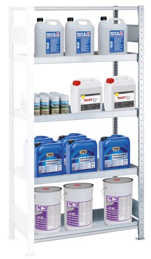 Umwelt-Wannenbodenregal gemäß StawaR, mit 4 Wannen 1 Boden