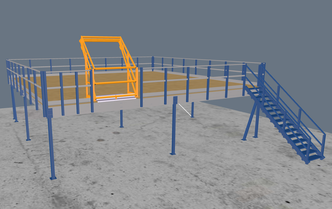 Lagerbühne 10x10m, mit Palettenübergabe, Treppe und Geländer