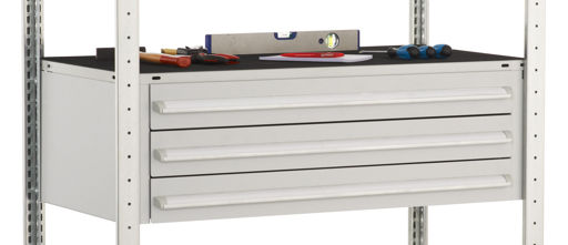 Fachbodenregal mit 3 Schubladen und 4 Böden, verzinkt