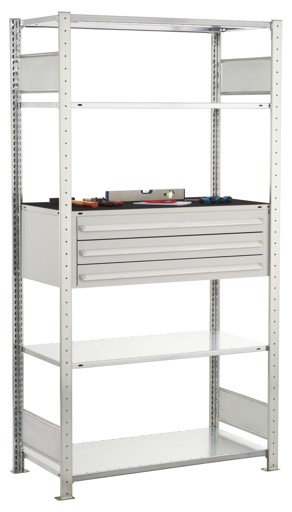 Fachbodenregal mit 3 Schubladen und 4 Böden, verzinkt