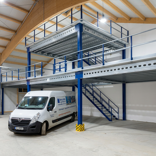 Lagerbühne 10x5m, mit Palettenübergabe, Treppe und Geländer