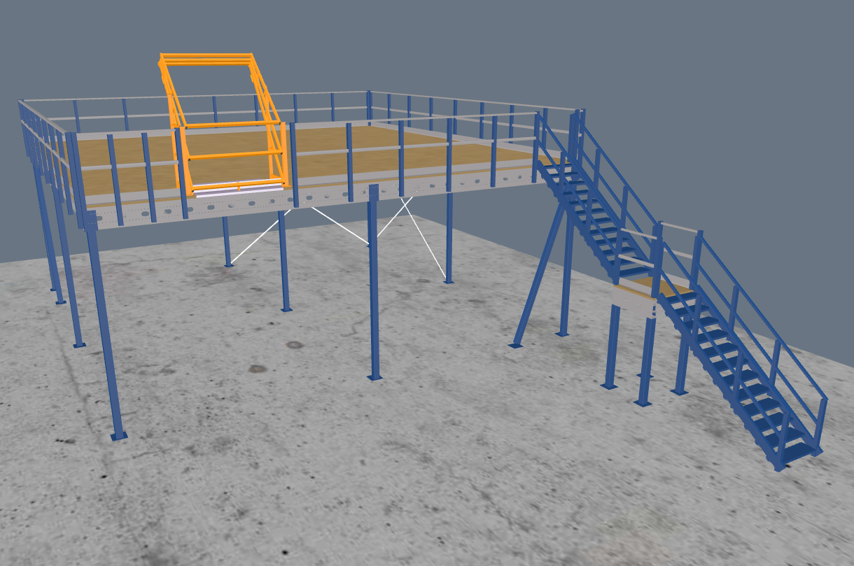 Lagerbühne 10x10m, mit Palettenübergabe, Treppe und Geländer