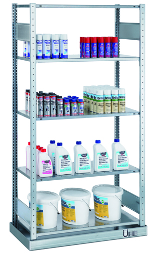 Kleingebinderegal mit MULTIplus-Fachböden & Auffangwanne, verzinkt