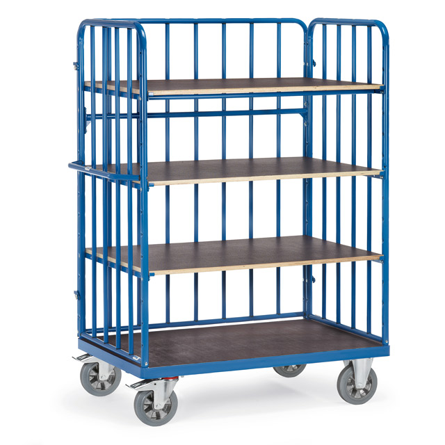 Schwerer Etagenwagen, hoch, 4 Ebenen, Rückwand, Tragkraft 1200 kg