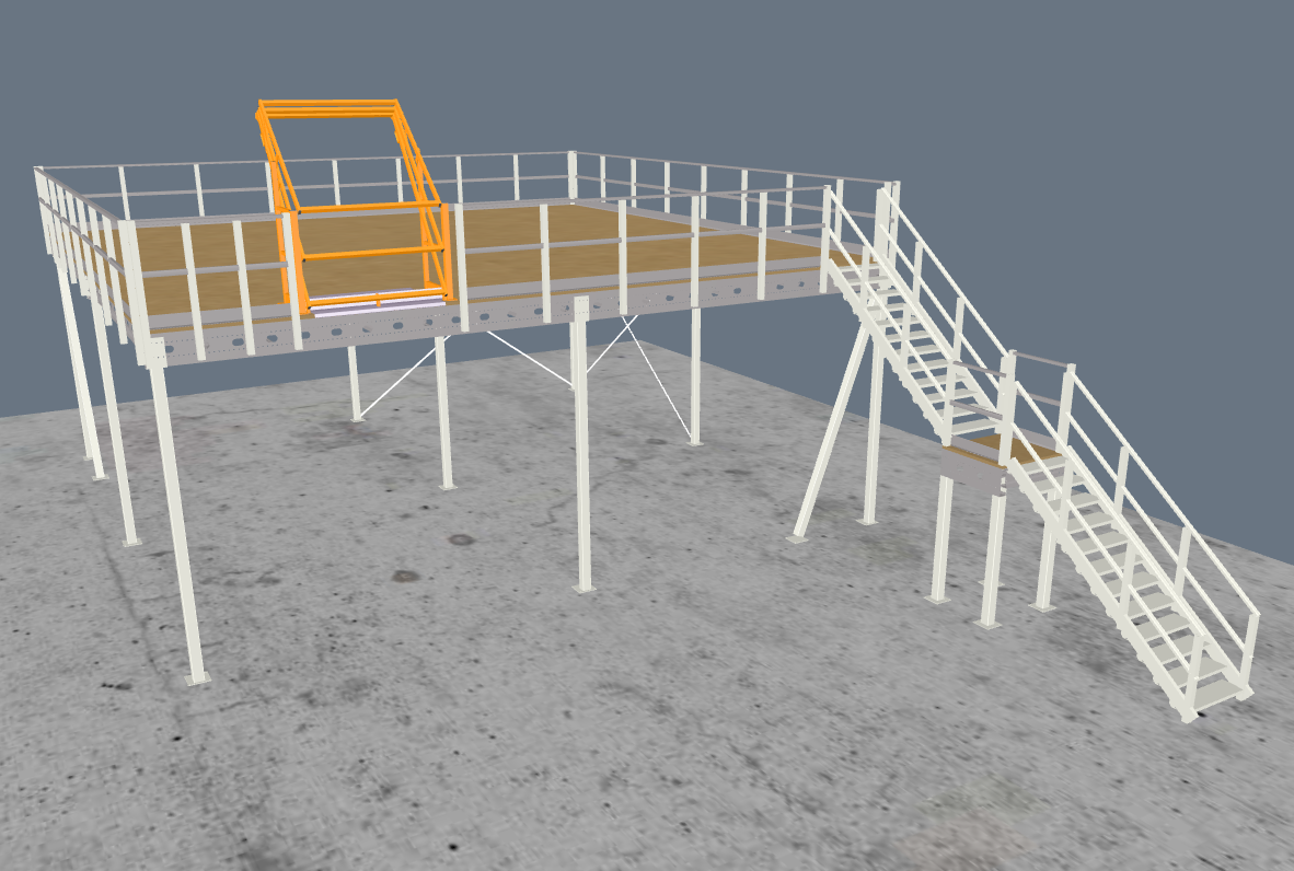 Lagerbühne 10x10m, mit Palettenübergabe, Treppe und Geländer