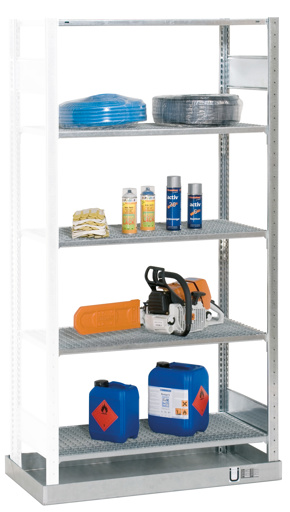 Kleingebinderegal mit Gitterrostböden & Auffangwanne, verzinkt