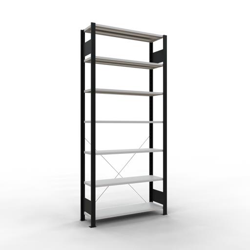 Büroregal, Stecksystem MULTIplus 85 kg, T300 mm, einseitig nutzbar