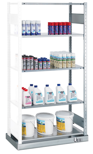 Kleingebinderegal mit MULTIplus-Fachböden & Auffangwanne, verzinkt